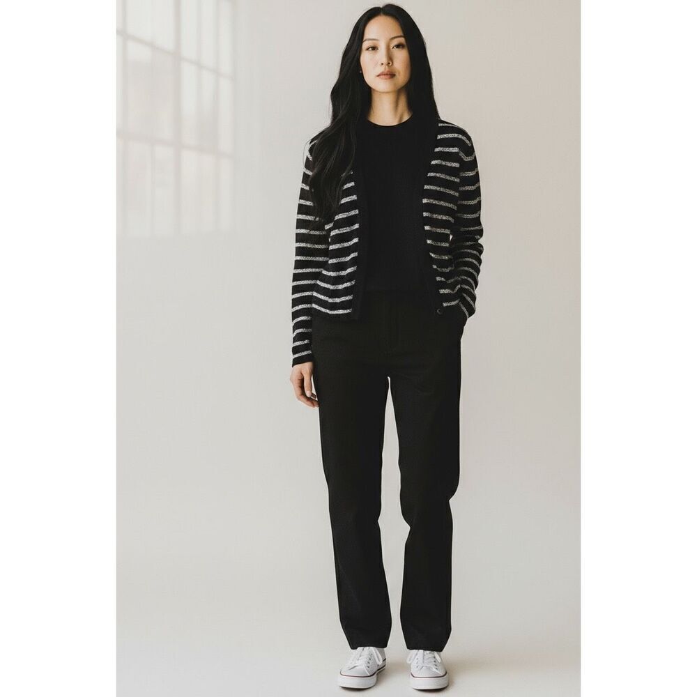 Jones New York Signature Petite Black Silver Striped Cardigan Size PL Knit Women